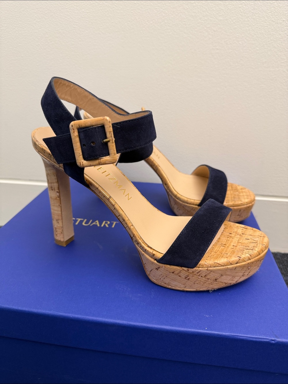 Stuart Weitzman Navy Suede Cork Platform Heel Sandal